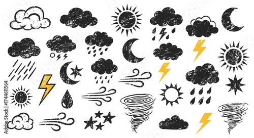 A collection of hand drawn weather icons depicting various atmospheric conditions and phenomena like sun clouds rain wind lightning and tornadoes.