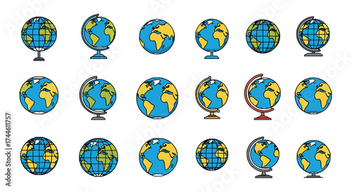 A collection of diverse globes representing the Earth and its geography.