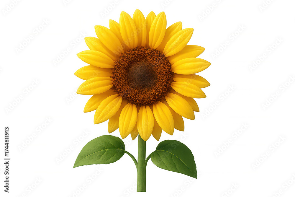 Fototapeta premium Sunflower portraying bright yellow petals and a brown center, standing tall with green leaves. Representing nature, growth, and joy
