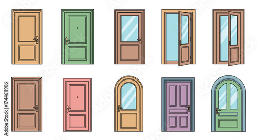 Collection of ten diverse doors with distinct styles and colors creating entryway variations.