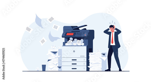 A stressed businessman is experiencing printer problems and paper jams with many documents scattered around him.