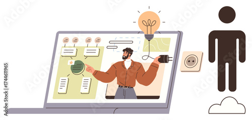 Man presenting concepts digitally on a laptop with lightbulb and plug as metaphors for ideas and connection. Ideal for education, innovation, technology, teamwork, creativity, brainstorming