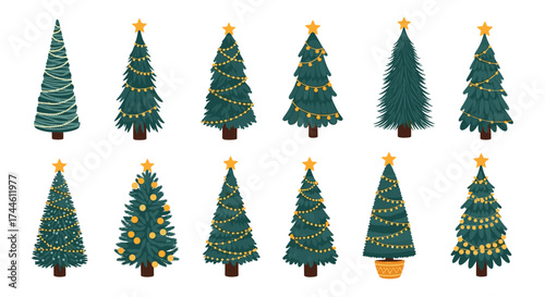 A festive collection of eleven diverse Christmas trees each adorned with twinkling lights and a bright star atop the branches.