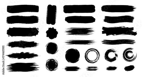 A collection of black brush stroke elements and abstract shapes for creative design projects.