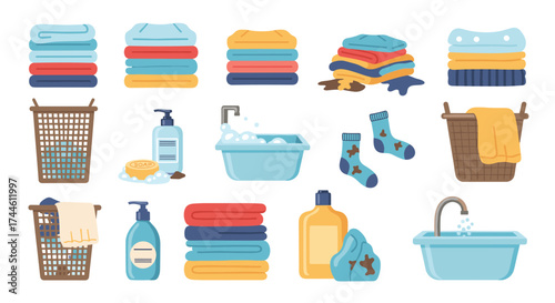 Collection of laundry items and clean clothes in a household setting for domestic chores.