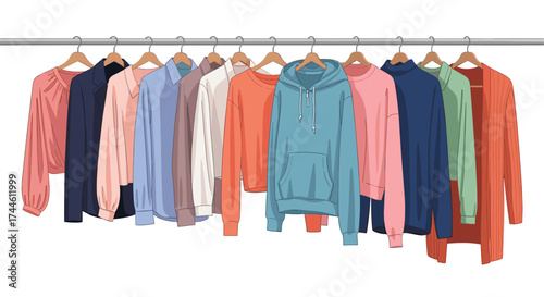 A diverse collection of stylish and colorful women's apparel hanging on a metal rack.