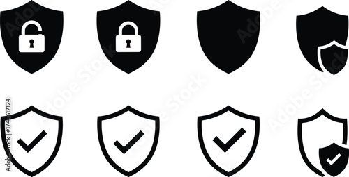 Set of black shield icons with lock and checkmark symbols security protection
