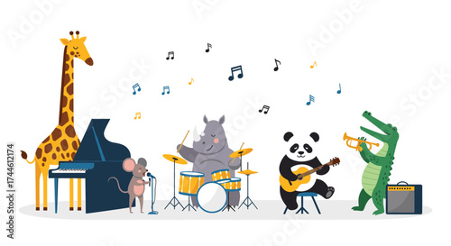 A whimsical band of animals plays cheerful music together.