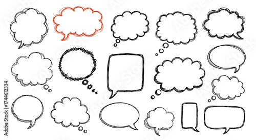 A collection of hand-drawn speech bubbles and thought clouds representing communication ideas and dialogue.
