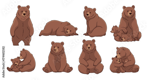 A charming collection of adorable brown bears in various playful and resting poses.