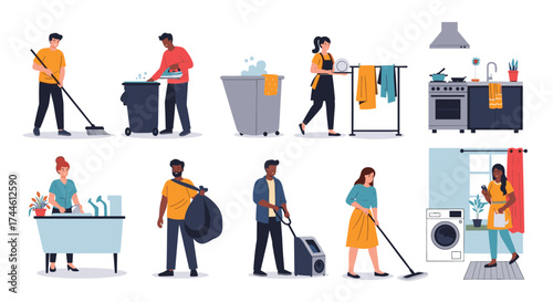 A collection of various domestic cleaning tasks being performed by diverse individuals in a bright and clean setting.