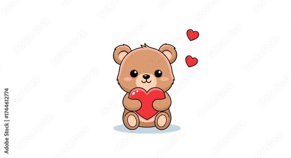 Naklejka premium A sweet fluffy teddy bear holding a big red heart and sending loving thoughts on a white background.