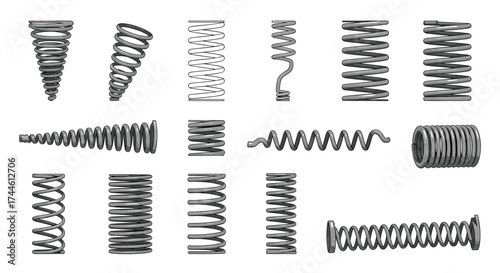 Collection of various types of springs in different shapes and sizes for mechanical applications.