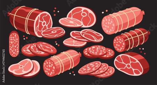 A variety of cured meats and cuts of fresh meat on a dark background.