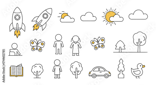 Collection of simple cartoon drawings depicting nature objects and everyday items.