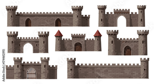 Collection of medieval castle wall sections and gatehouses for defensive structures.