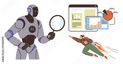 AI robot observing data charts with magnifier, bar and pie graphs, flying human with jetpack. Ideal for innovation, data analysis, AI, technology, business growth, futuristic concepts simple flat