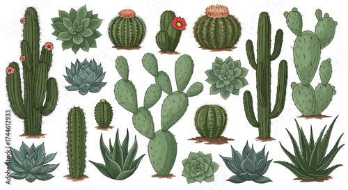 A vibrant collection of diverse desert succulents and cacti showcasing various shapes and textures.