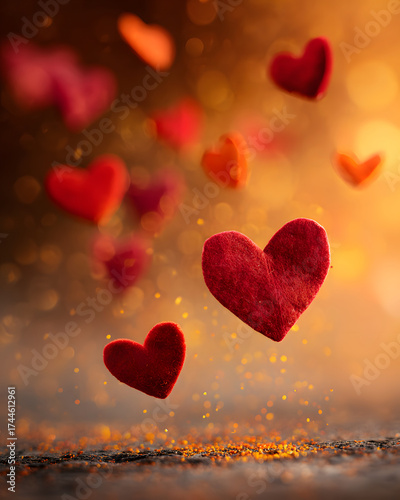 Whimsical red hearts drift gracefully in a shimmering golden ambiance, evoking warmth and affection.