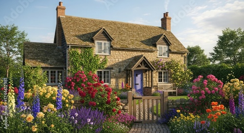 Charming stone cottage garden with blooming flowers english countryside home architecture exterior landscape design