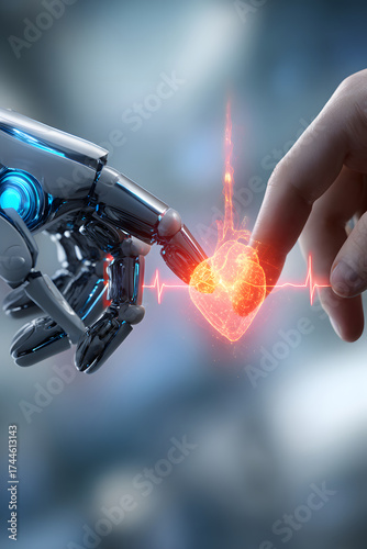 A robotic hand reaches towards a human hand, symbolizing the fusion of technology and emotion.