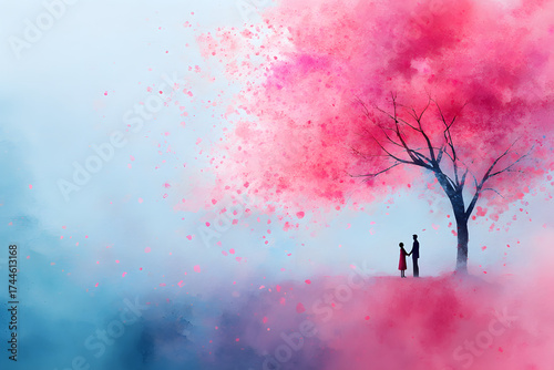 A couple stands hand in hand beneath a vibrant, pastel tree, evoking deep love and connection.