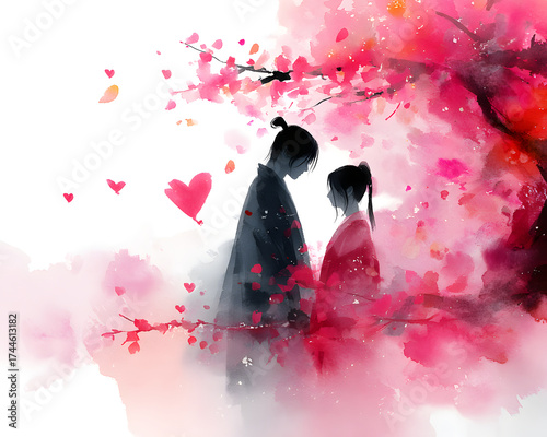 A romantic ink-wash scene capturing the delicate connection between two lovers in vibrant kimonos, framed by pink blossoms.