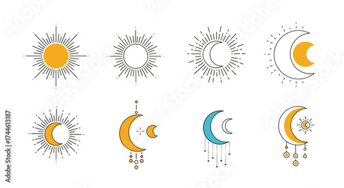 Celestial sun and moon icons set in a boho mystical style for cosmic design elements.