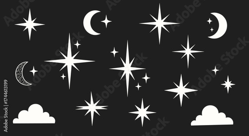 A charming collection of celestial elements including moons stars and clouds against a dark background.