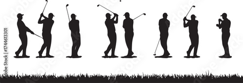 Silhouettes of golfers in various poses on a white background with grass sport swing