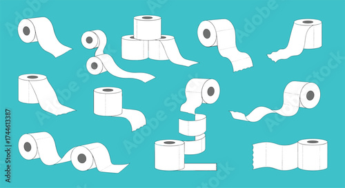 A collection of various toilet paper rolls scattered across a vibrant blue background.