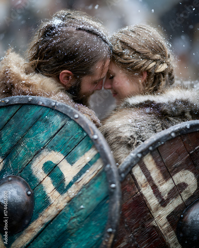 A tender moment between a Viking couple, wrapped in furs amidst falling snow, showcasing love and strength.