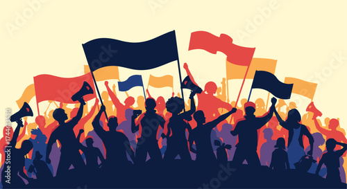 A diverse group of people holding flags and megaphones at a protest.