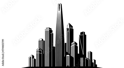 A black and white graphic illustration of a modern city skyline with a prominent central skyscraper isolated on a white background.