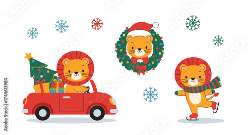 Cute cartoon lions celebrating Christmas with a car and ice skating fun.