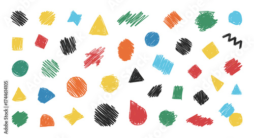 A collection of colorful abstract shapes and scribbles on a white background.