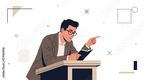 Expert Presenting Ideas Using A Reading Material On Podium Pointing To Some Specific Aspect