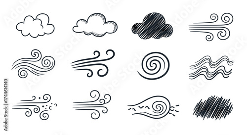 Collection of hand drawn weather symbols and atmospheric wind illustrations.