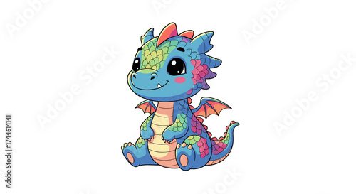 A small cute cartoon dragon with colorful scales sitting happily.