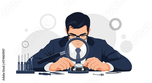 Expert Watchmaker Examining Timepiece Details Using Magnifying Glass With Precision and Skill