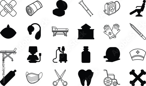 Hospital Equipment, Doctor and Nurse Symbols, First Aid Kit, Microscope, Stethoscope, Wheelchair, Oxygen Cylinder, Surgical Instruments, Medical Gloves, Bed, Tooth, Mask, and Health Care Vector Design