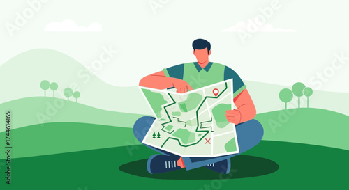 Explorer Analyzing Map and Planning a Route: Vector Illustration of Strategy