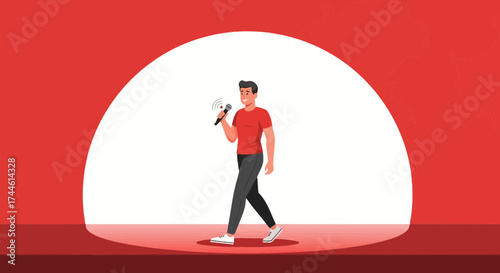 Enthusiastic Performer Walking and Holding a Microphone Under a Spotlight Stage