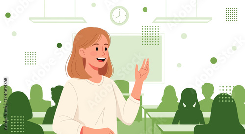 Enthusiastic Teacher Presenting Lesson To Class In Brightly Lit Classroom Setting