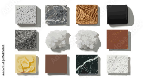 A collection of twelve diverse textured and colored tiles arranged in a rectangular grid pattern