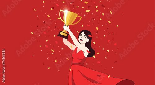 Enthusiastic Woman Celebrates Success, Raising Trophy Amidst Vibrant Confetti Shower