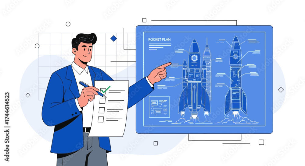 Fototapeta premium Entrepreneur Presenting Rocket Blueprint, Check List, And Highlighting Space Exploration Plans