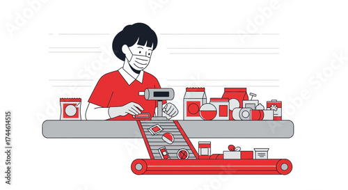 Factory Worker Overseeing Production Line With Packaged Goods And Protective Mask