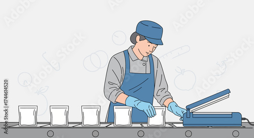 Factory Worker Packaging Products on Production Line in Detailed Digital Illustration