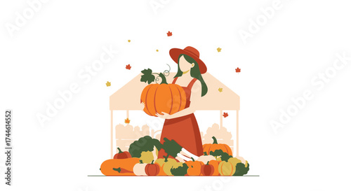 Fall Harvest Scene: Young Farmer Displays Pumpkins And Autumnal Produce for Sale